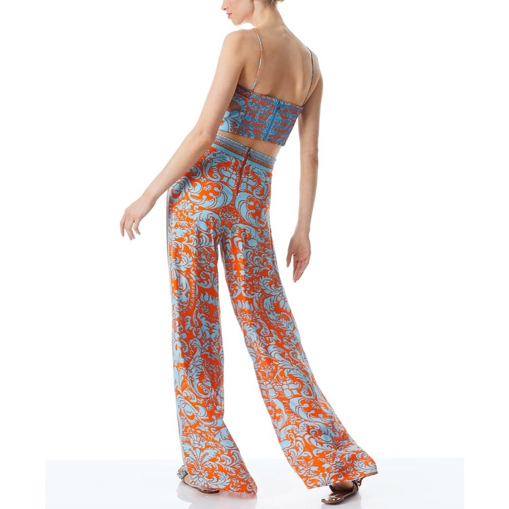 Alice + Olivia Athena Smocked Waistband Wide Leg Sienna Orange Blue Pant - Picture 16 of 17